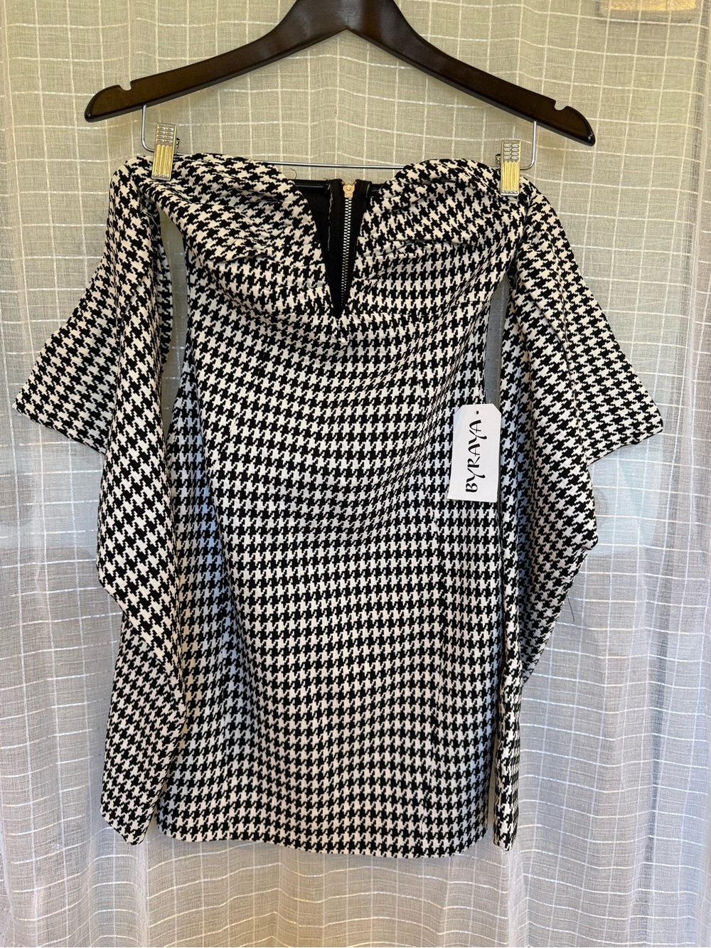 ByRana Black & White Houndstooth Off-Shoulder Dress